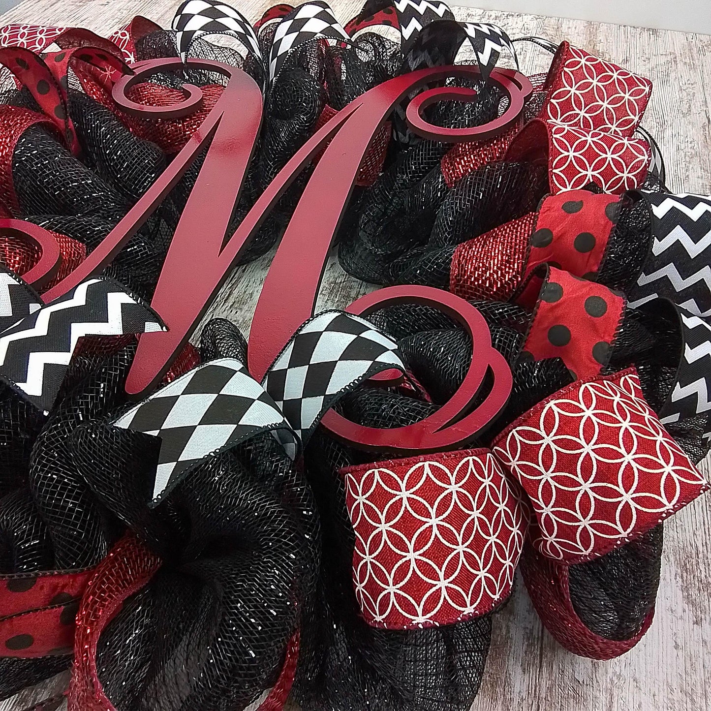 Monogram Everyday Mesh Door Wreath | Black Maroon White - Pink Door Wreaths