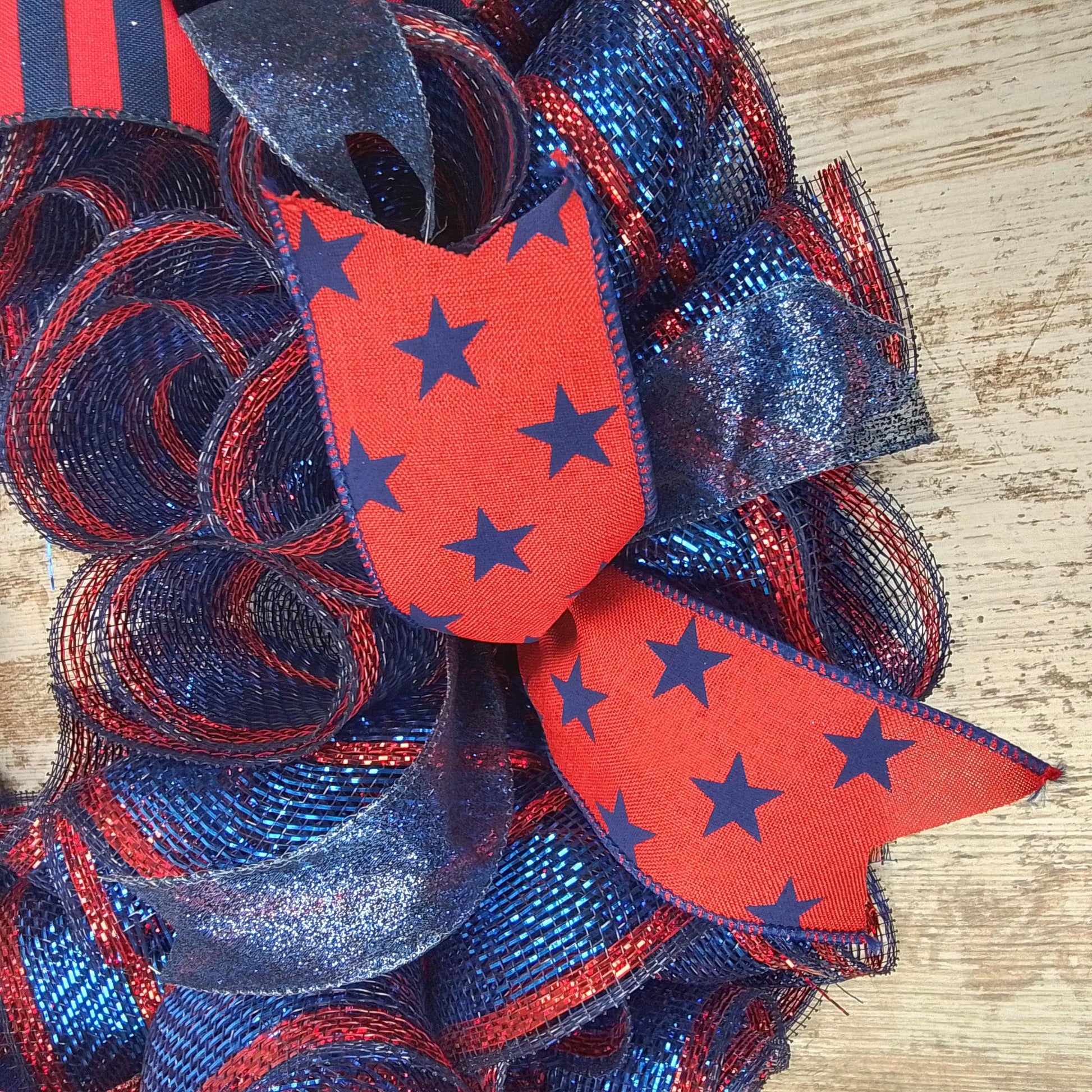 Navy Blue Fourth of July Independence Day Mesh Door Wreath - Star Red Sparkle - Pink Door Wreaths