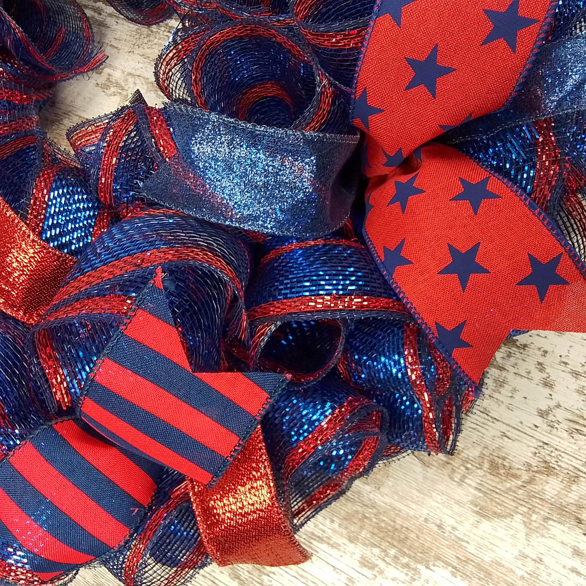 Navy Blue Fourth of July Independence Day Mesh Door Wreath - Star Red Sparkle - Pink Door Wreaths