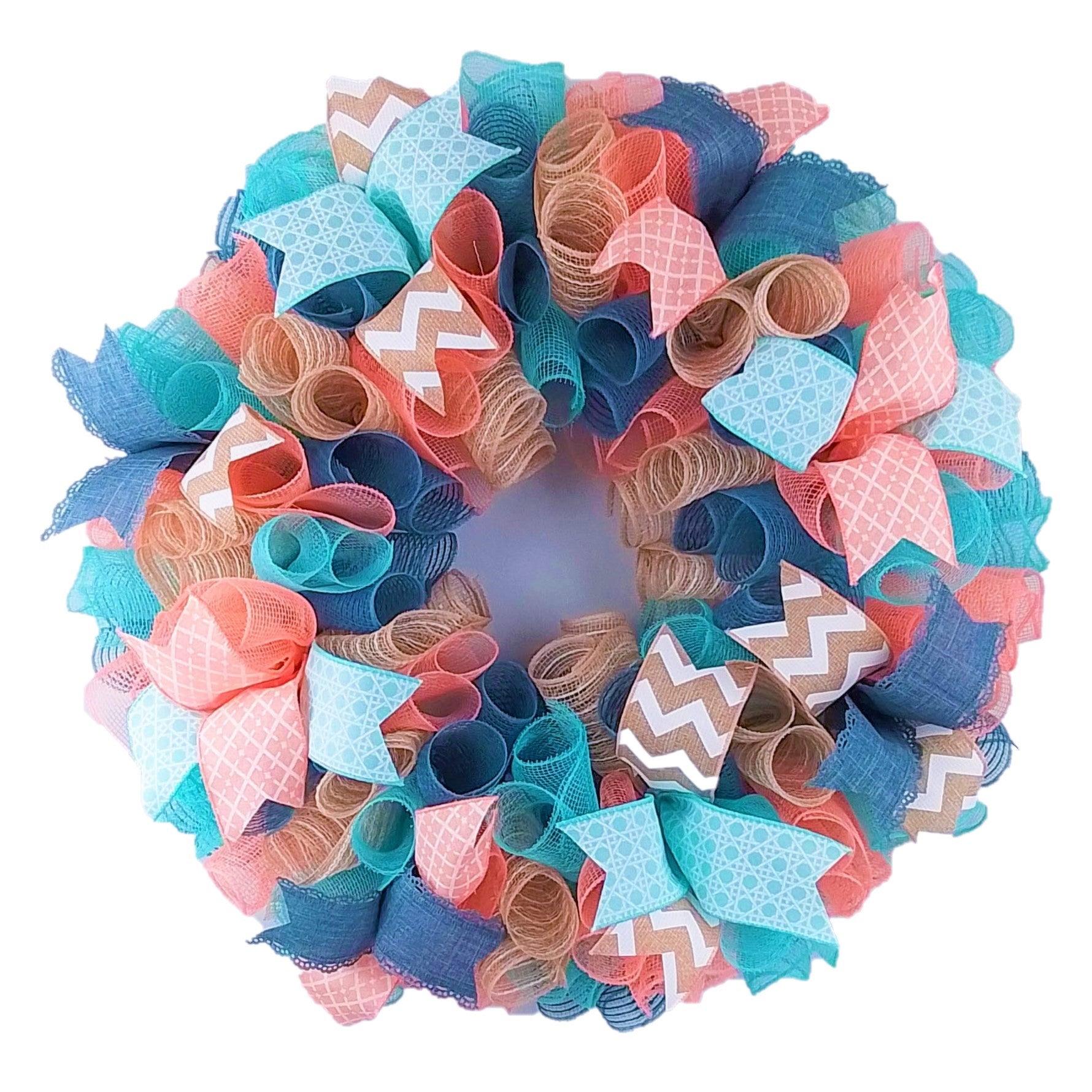 Pastel Year Round Wreath, Everyday Wreath for Front Door, Coral, Denim Blue, Mint, Jute - Pink Door Wreaths