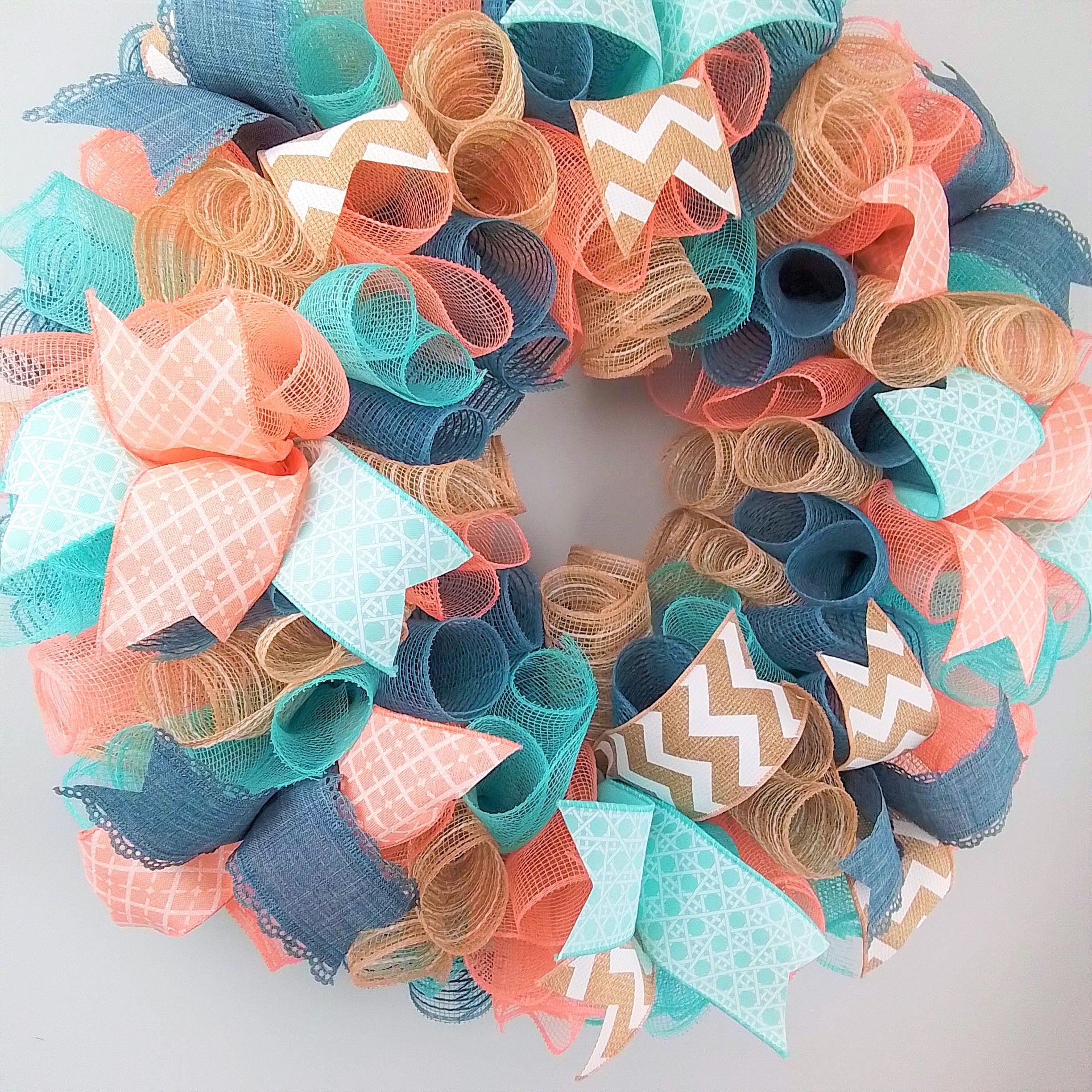 Orange selling and peach ombré with blue denim wall decor / wreath / handmade with a 9.8 in (24cm)