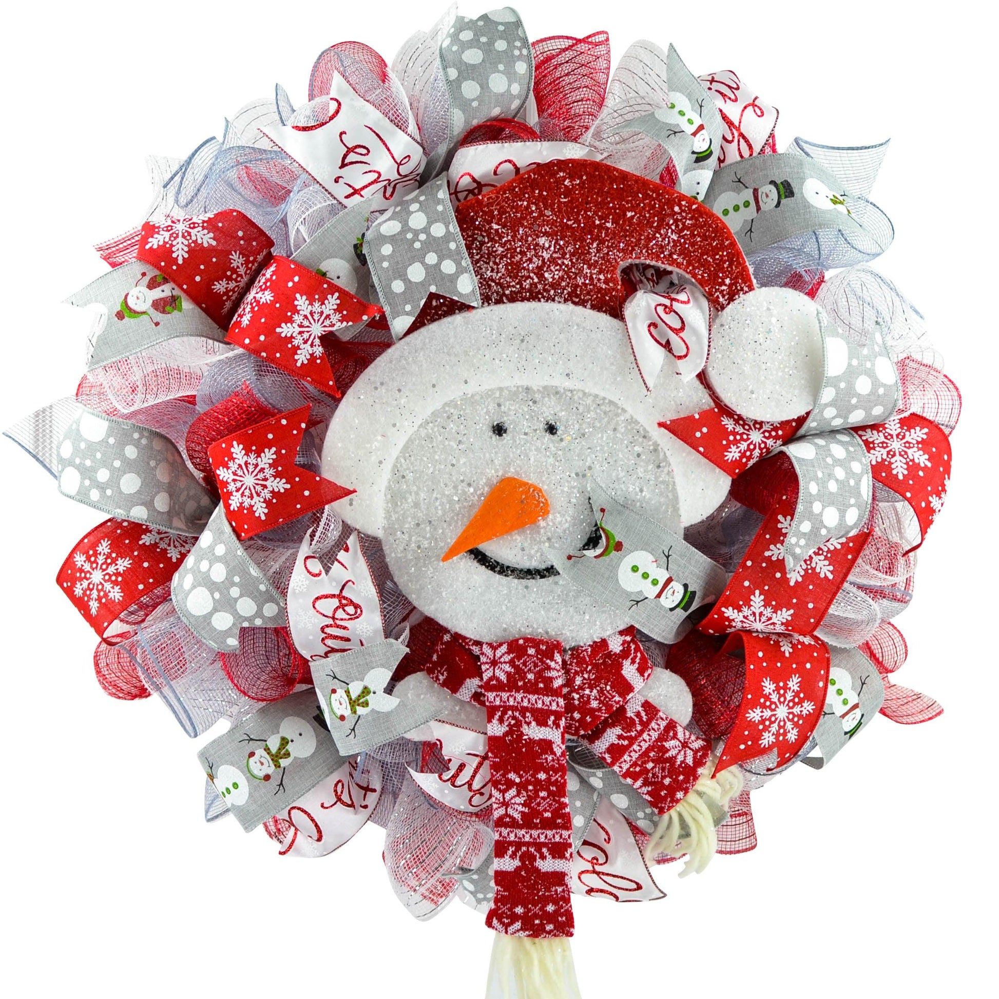 Snowman Front Door Wreath, Red Grey Silver White - Pink Door Wreaths