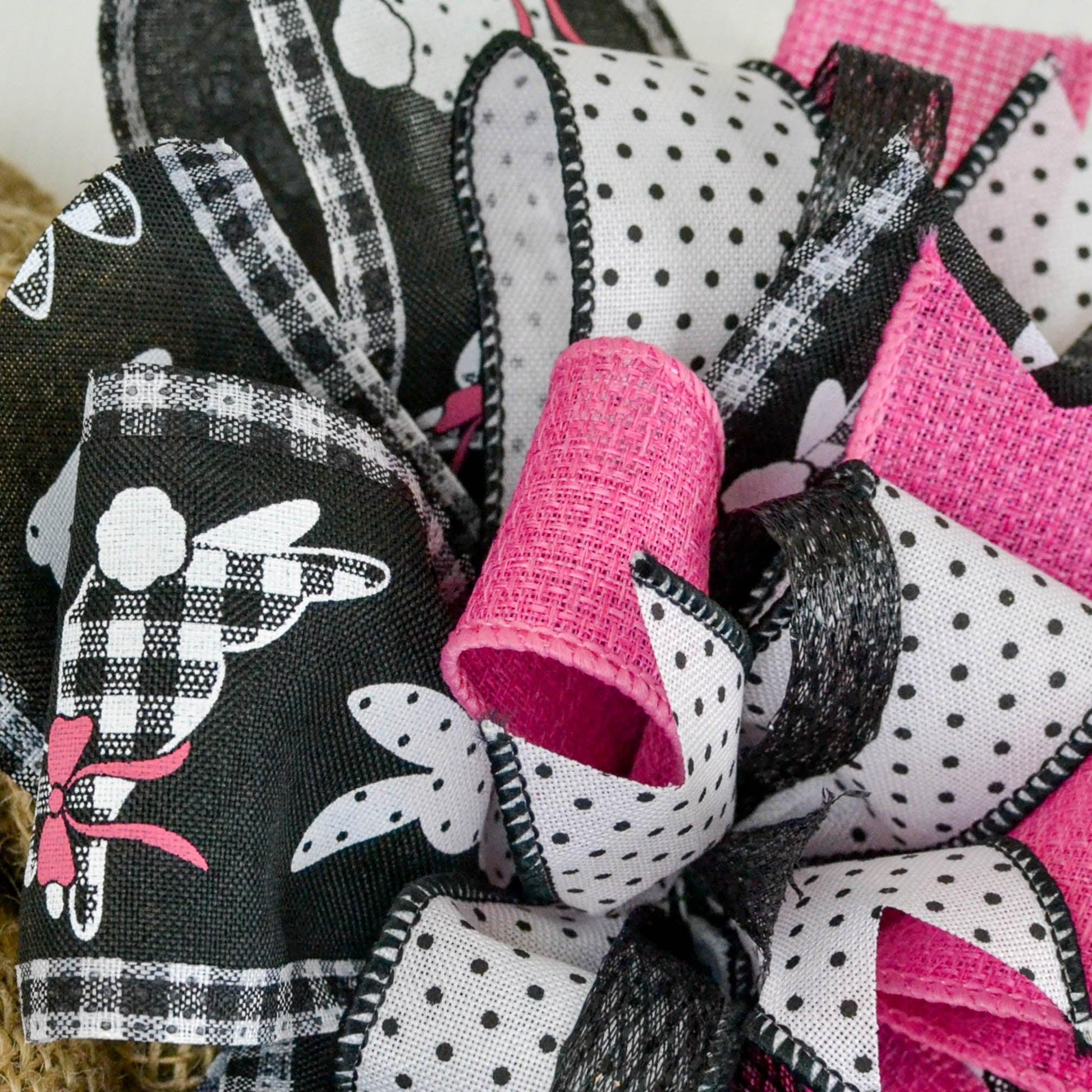 Spring Easter Bunny Grapevine Wreath - Plaid Door Hanger Oversized Bow Polka Dot Door Decor; Pink Black White - Pink Door Wreaths