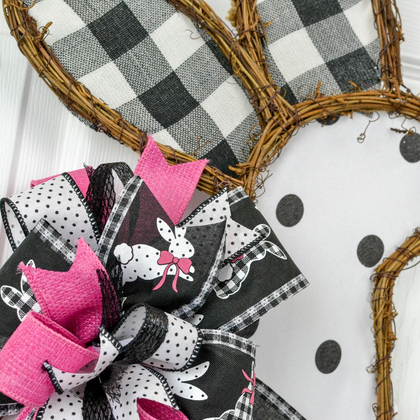 Spring Easter Bunny Grapevine Wreath - Plaid Door Hanger Oversized Bow Polka Dot Door Decor; Pink Black White - Pink Door Wreaths