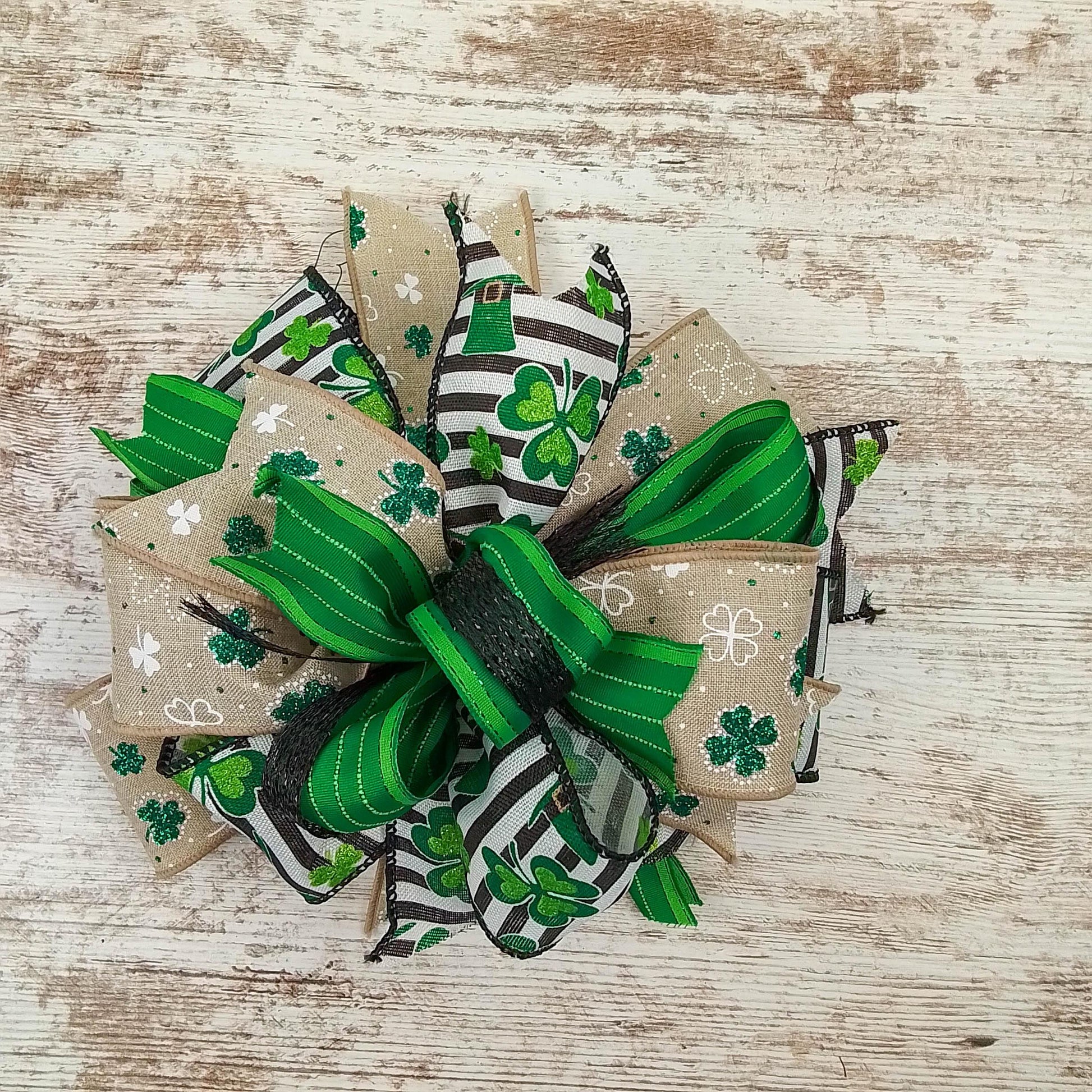 St. Patrick's Day Clover Black White Green Lantern Wreath Bow - Burlap Wreath Embellishment for Making Your Own - Layered Full Handmade Farmhouse Already Made - Pink Door Wreaths