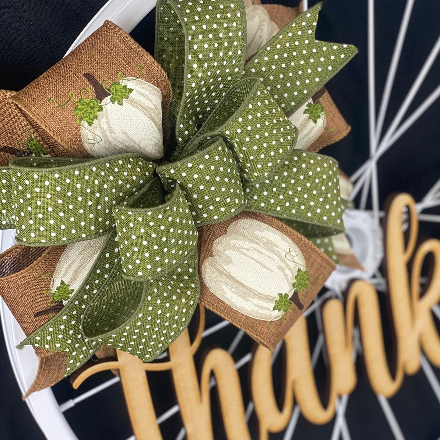 Thanksgiving Thankful Bike Rim Door Hanger - Farmhouse Round Front Porch Decor - White Brown Pumpkin Rustic - Pink Door Wreaths