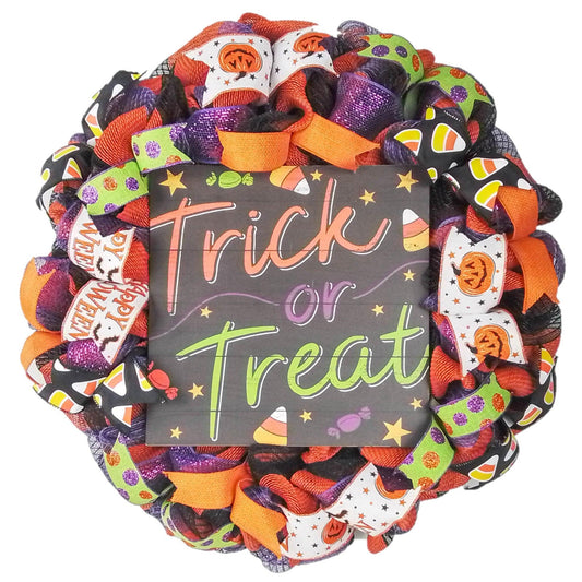 Trick or Treat Door Wreath | Orange Black Halloween Front Door Wreath - Pink Door Wreaths