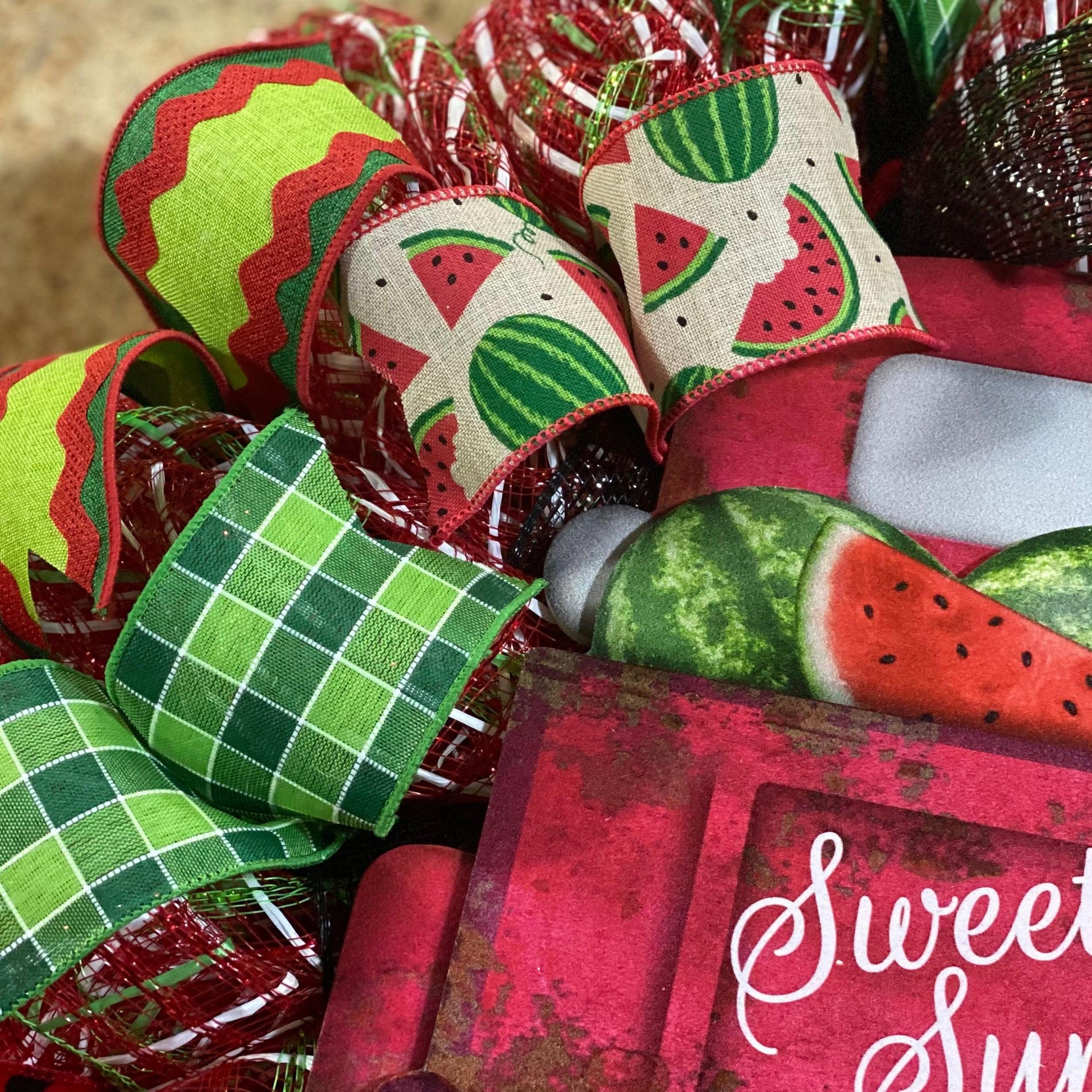 Watermelon Door Wreath - Farm Truck Spring Door Decor - Sweet Summertime - Red Lime Green Emerald - Pink Door Wreaths