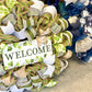 Welcome Everyday Wreath - Ivy Leaf Flower Spring Year Round Door Wreath - Moss Green Jute White - Pink Door Wreaths