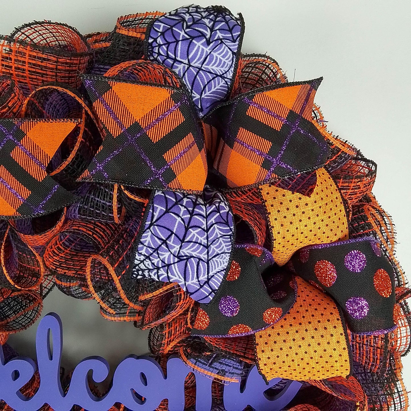 Welcome Halloween Door Wreaths | Orange Black Purple Mesh Wreath - Pink Door Wreaths