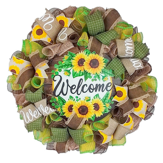 Welcome Sunflower Wreaths - Sun Flower Mesh Front Door Wreath - Burlap Thanksgiving Everyday Decor - Yellow Brown Burnt Orange Red - Pink Door Wreaths