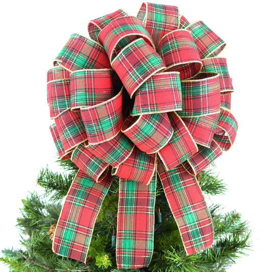 Tartan Plaid Red Green Gold Bow Tree Topper - Christmas Tree Bow - Pink Door Wreaths