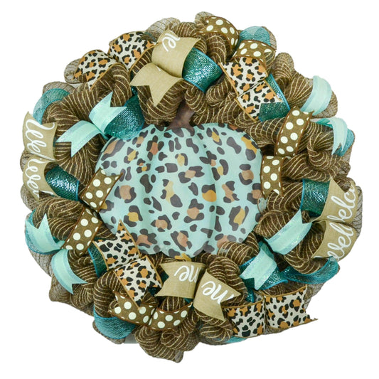 Animal Print Pumpkin Door Wreaths - Thanksgiving Fall Autumn Turquoise Mesh - Pink Door Wreaths