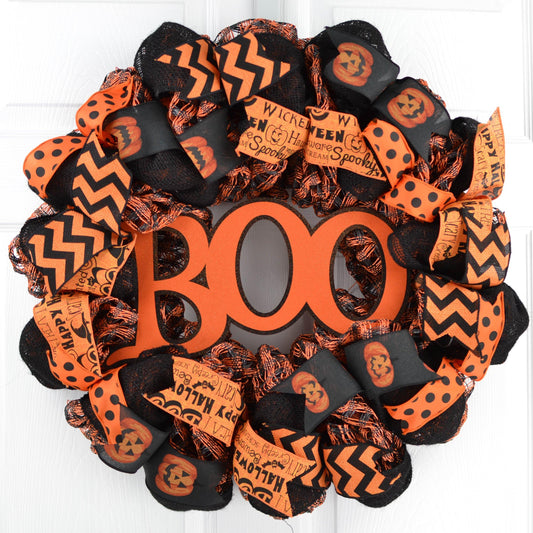 Boo Burlap Halloween Door Wreath | Orange Black Ghost Mesh Wreath - Pink Door Wreaths