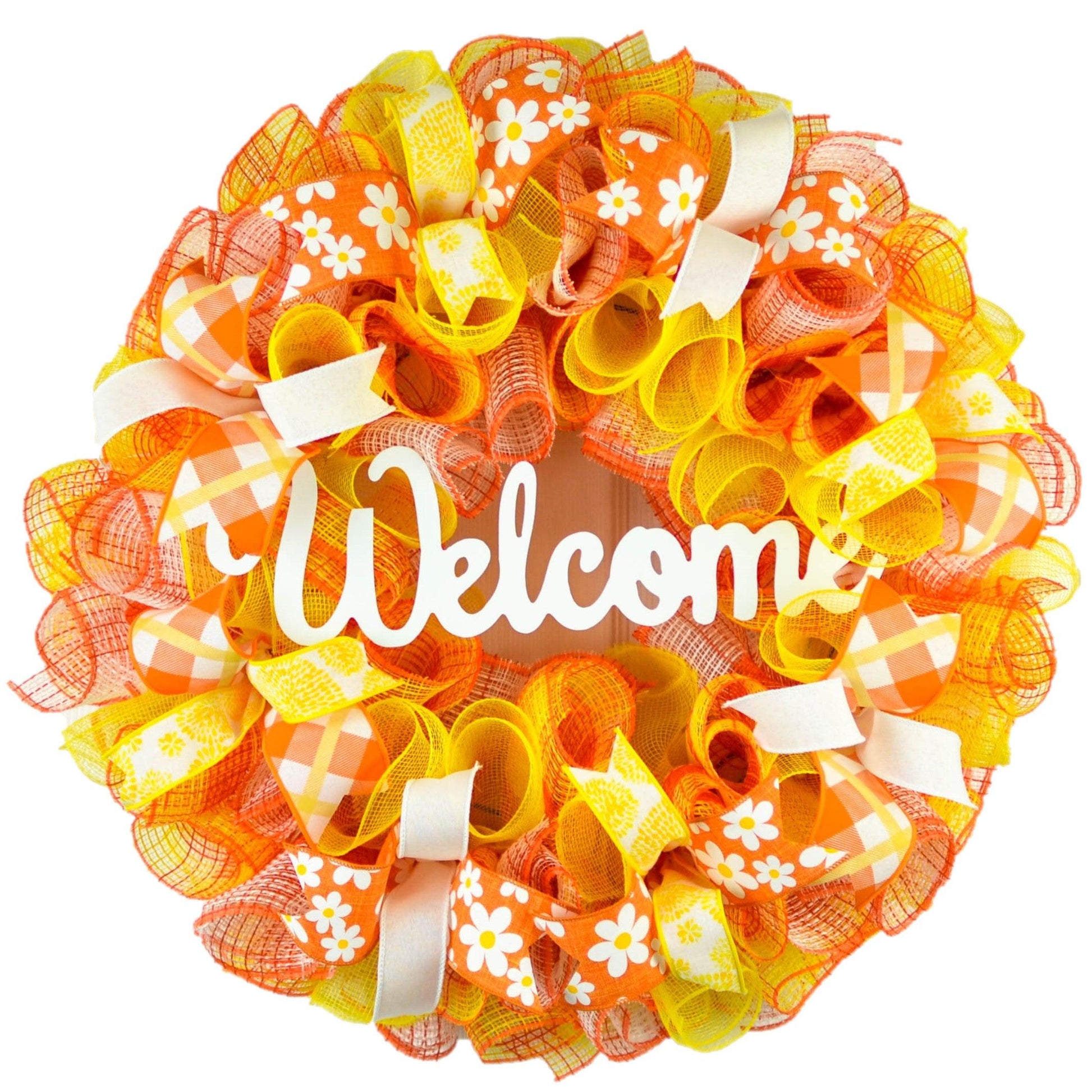 Bright Orange Summer Wreath - Welcome Yellow Spring Decor - Pink Door Wreaths