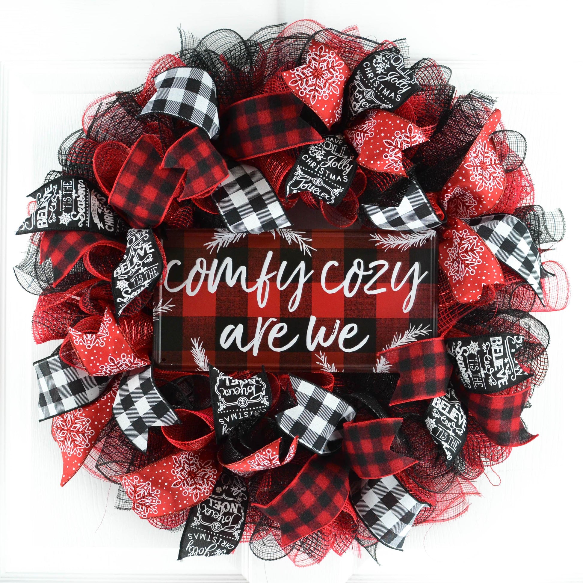 red white and black mesh wreath with sign in center that says Comfy Cozy Are We