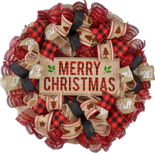 Burlap Christmas Buffalo Plaid Wreath - Farmhouse Holiday Wreath Front Door Decor - Pink Door Wreaths