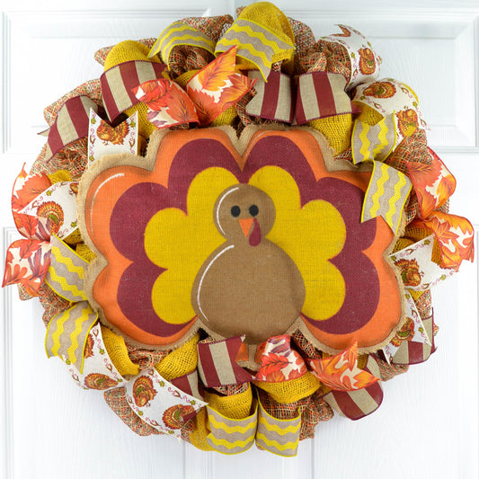 Burlap Thanksgiving Turkey Wreath - Fall Deco Mesh Wreath - - Pink Door Wreaths