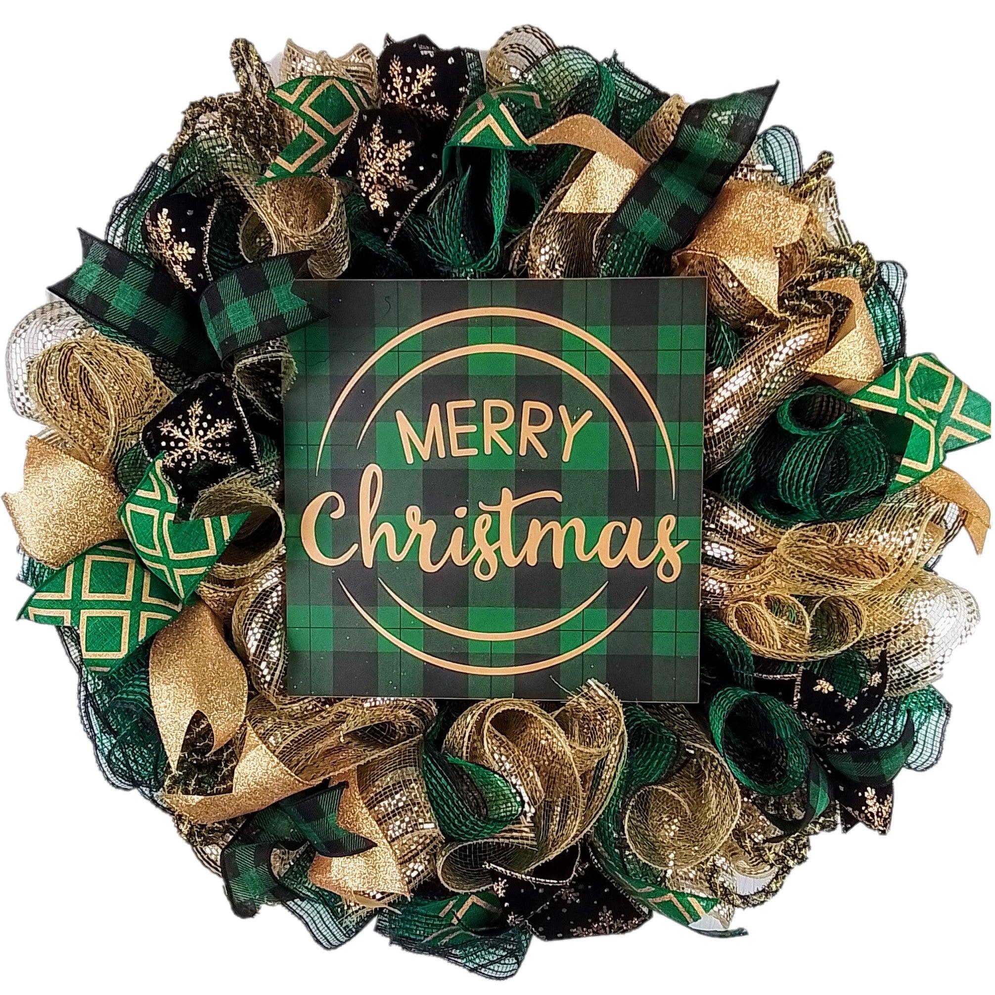 Believe in the Magic of Christmas Plaid Red Black Green Gold Check door decor hot wreath