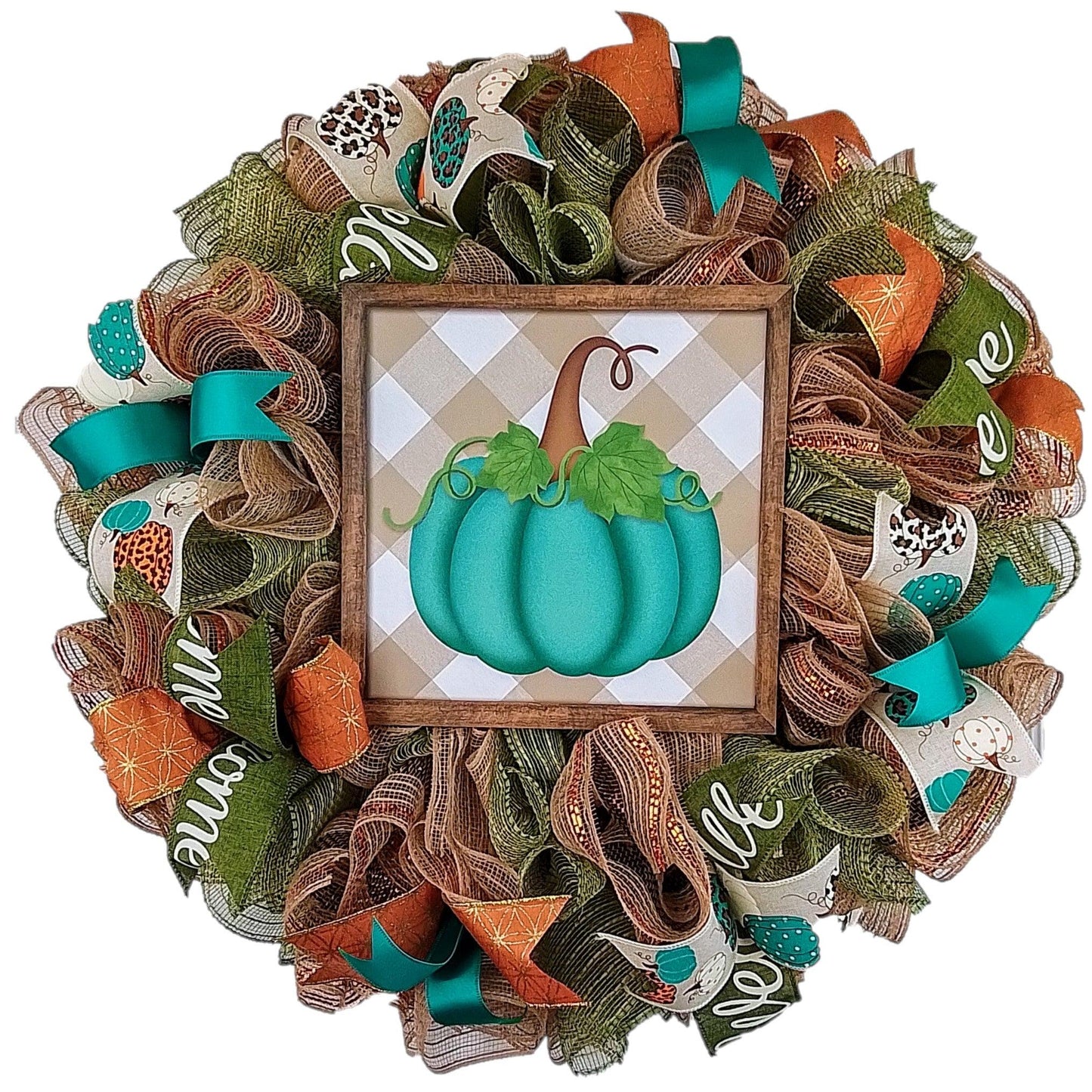 Fall Pumpkin Door Wreaths - Thanksgiving Fall Autumn Teal Mesh Front Door Decor - Halloween Animal Print Blue Brown Orange Moss - Pink Door Wreaths