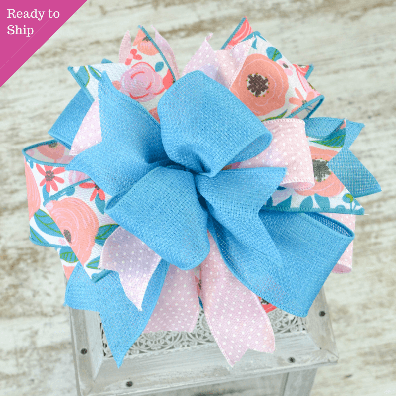 Lantern Wreath Bow - Burlap Wreath Embellishment for Making Your Own - Layered Full Handmade Farmhouse Already Made (Spring (Pink/Blue) - Pink Door Wreaths
