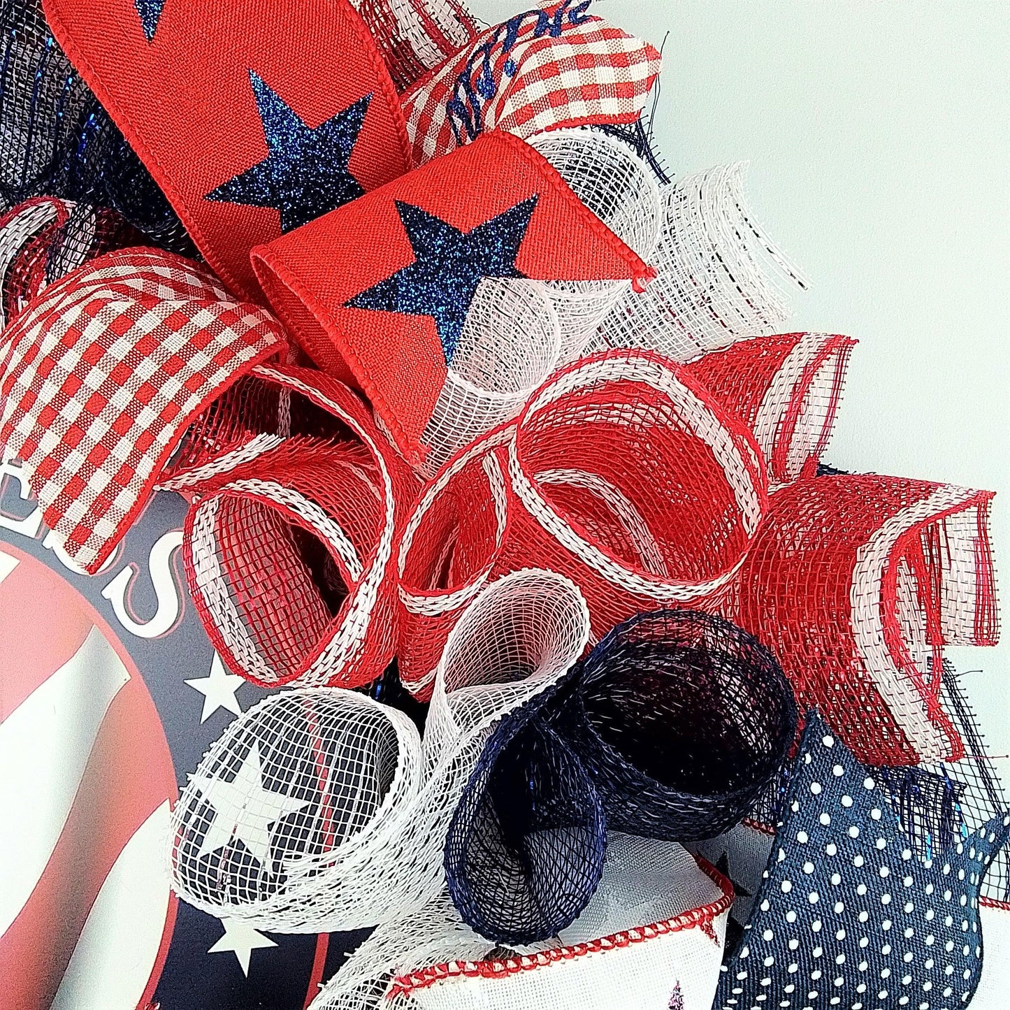 Fourth of July Independence Day Mesh Door Wreath; red white blue; God Bless America - Pink Door Wreaths