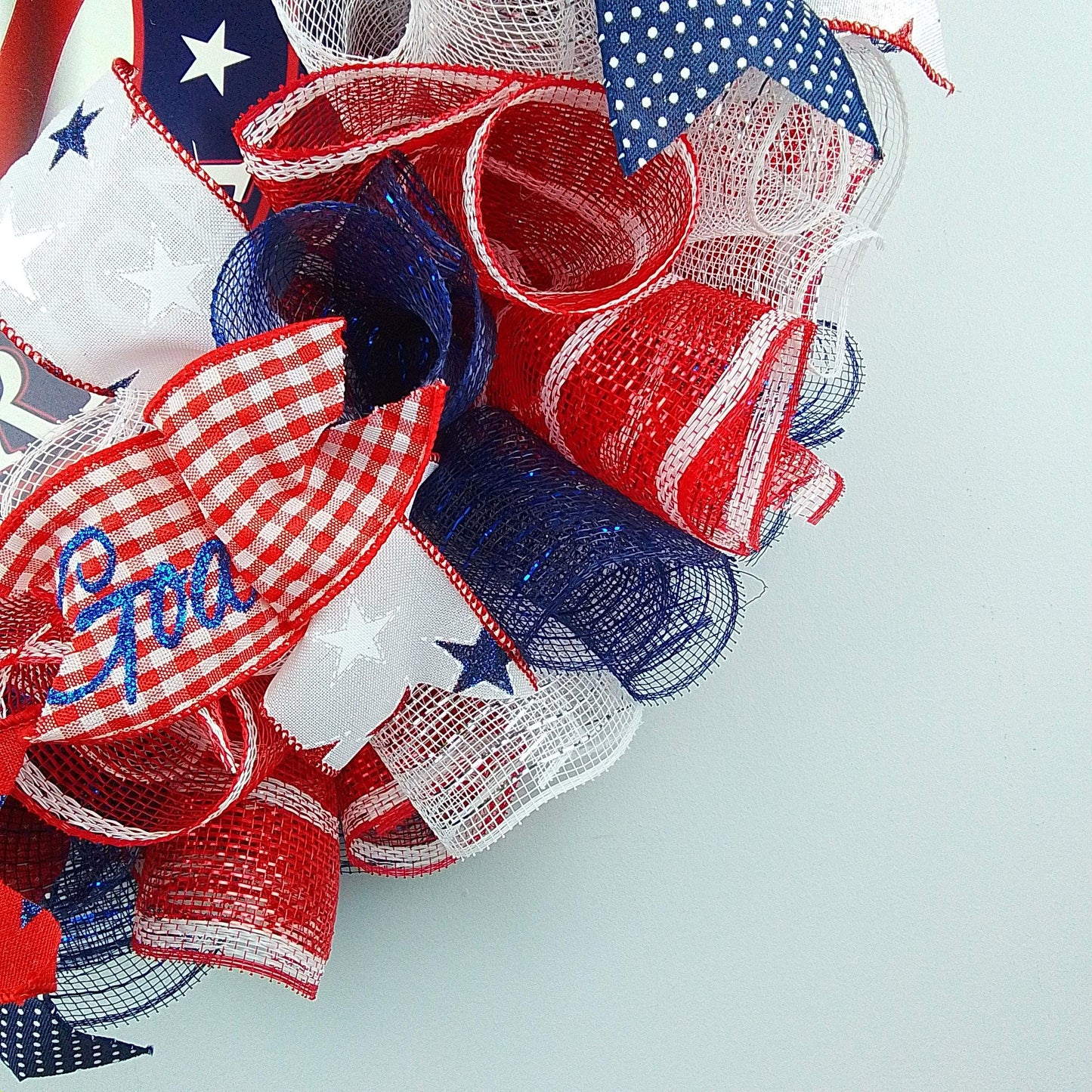 Fourth of July Independence Day Mesh Door Wreath; red white blue; God Bless America - Pink Door Wreaths