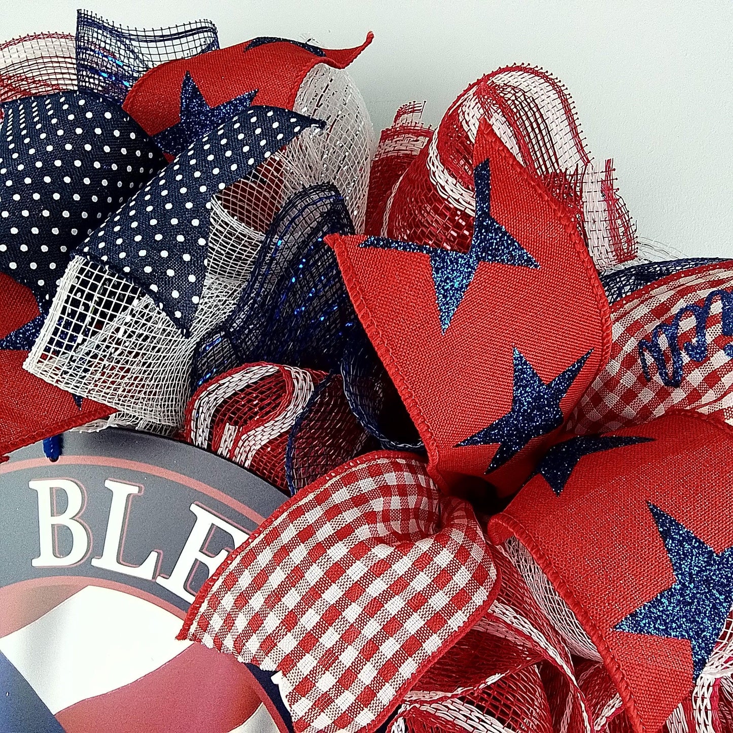 Fourth of July Independence Day Mesh Door Wreath; red white blue; God Bless America - Pink Door Wreaths