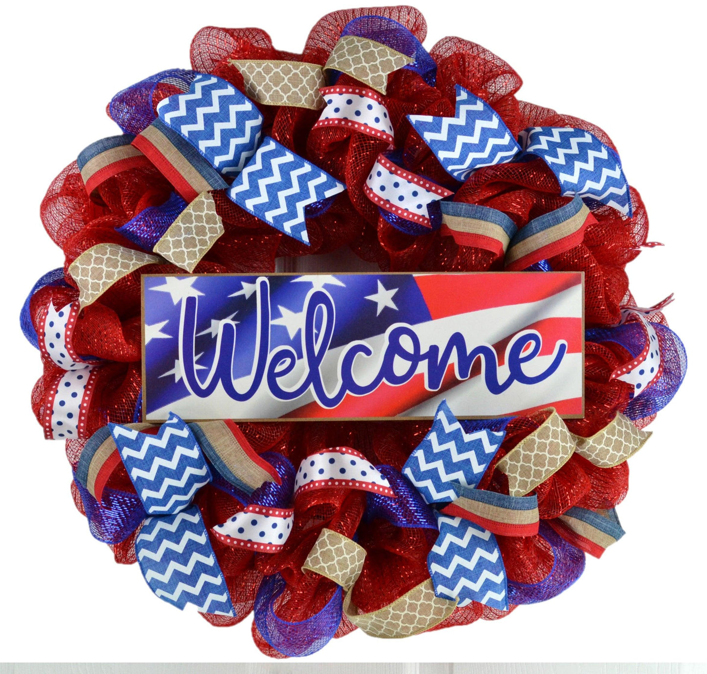 Fourth of July Wreath | USA Wreath | Welcome Mesh Door Wreath | Red White Blue Flag - Pink Door Wreaths