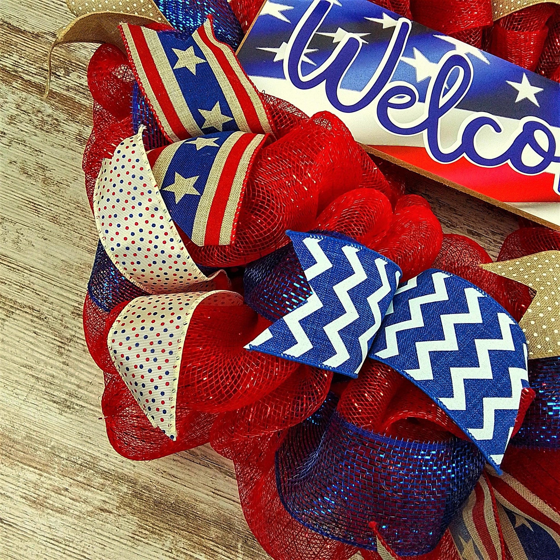 Fourth of July Wreath | USA Wreath | Welcome Mesh Door Wreath | Red White Blue Flag - Pink Door Wreaths