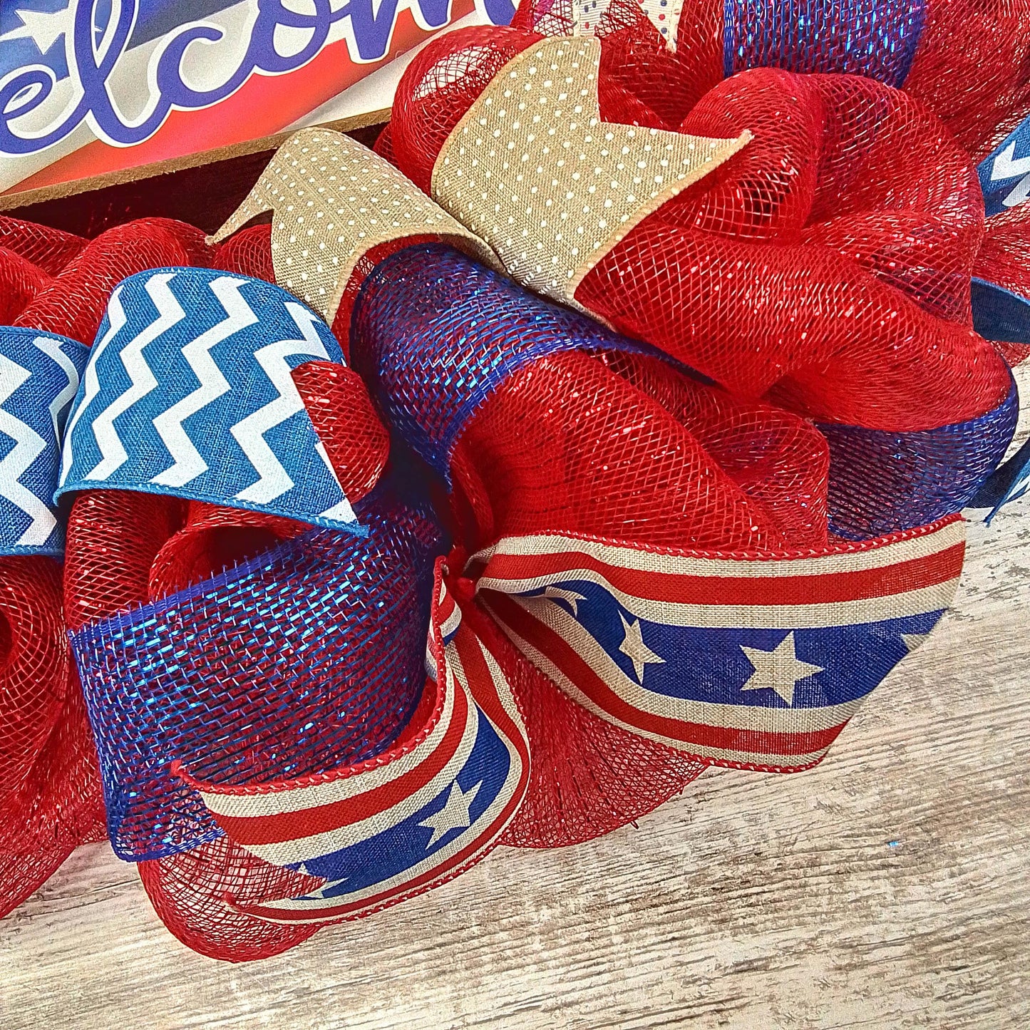 Fourth of July Wreath | USA Wreath | Welcome Mesh Door Wreath | Red White Blue Flag - Pink Door Wreaths