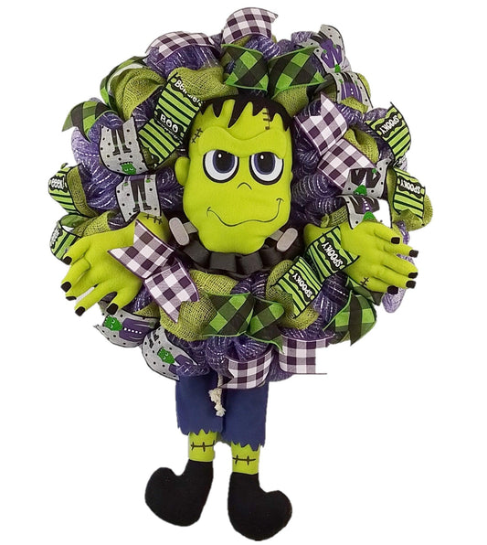 Frankenstein Front Door Wreaths | Halloween Decorations | Burlap Purple Lime Green Black White - Pink Door Wreaths