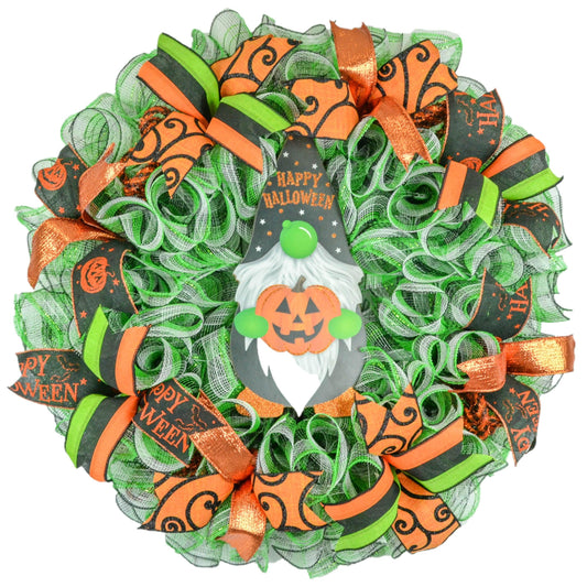 Gnome Halloween Wreath - Whimsical Mesh Outdoor Front Door Wreath - Black Lime Green Orange - Pink Door Wreaths