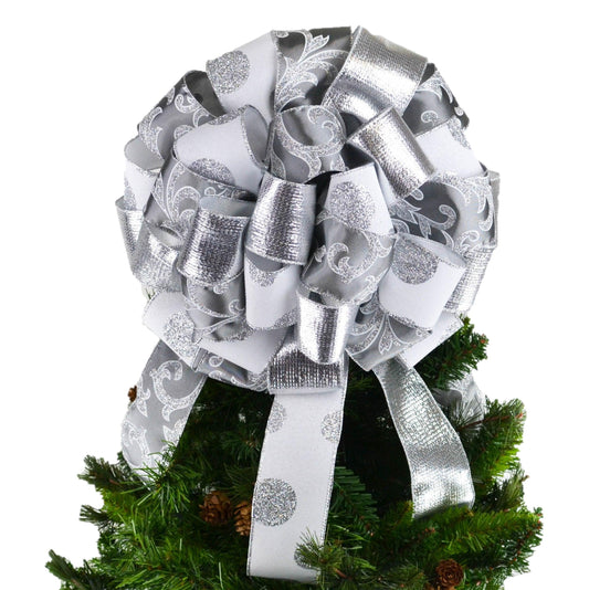 Grey Silver White Christmas Tree Bow Topper - Pink Door Wreaths