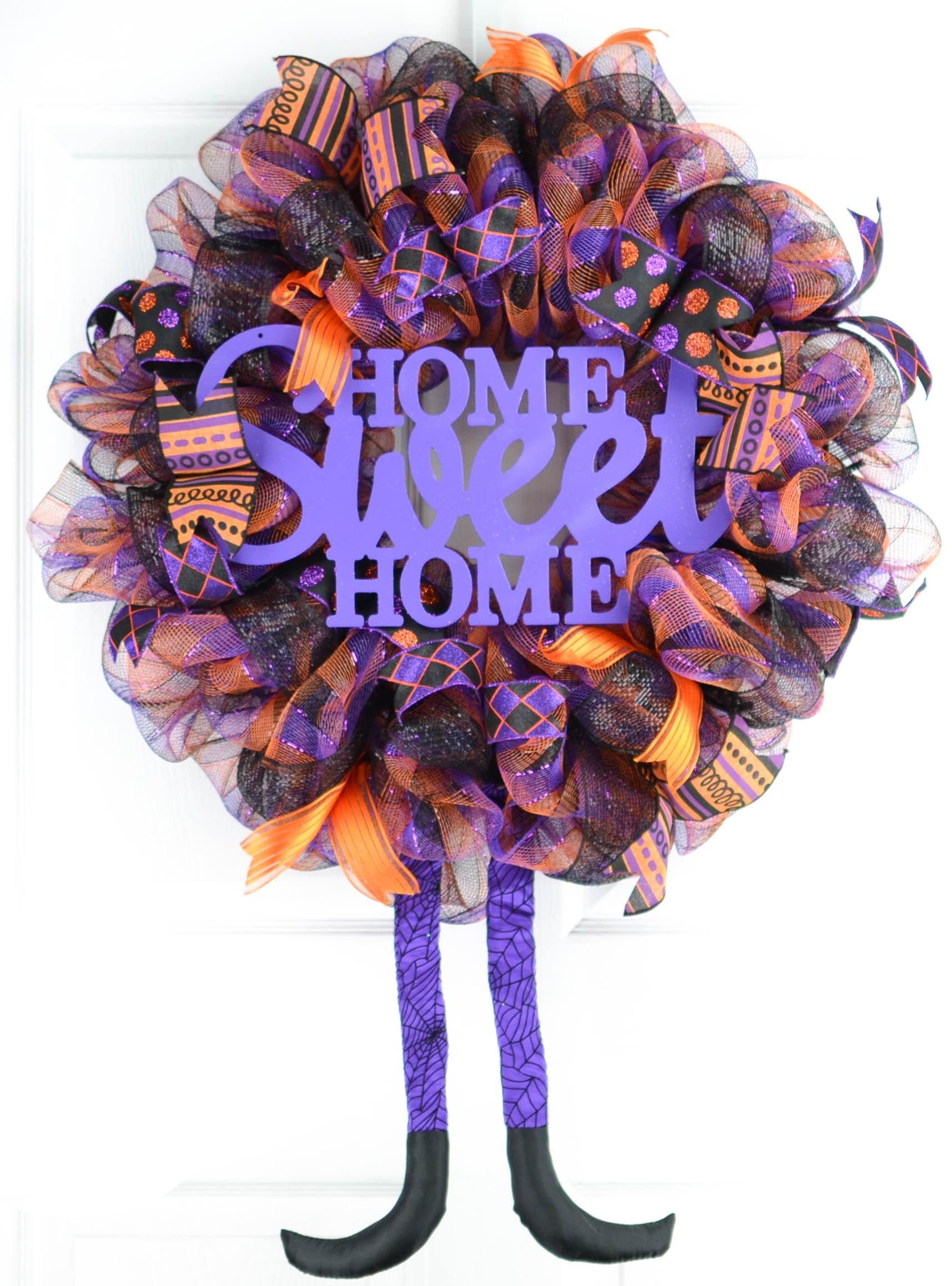 Halloween Wreath | Home Sweet Home Witch Front Door Wreath | Purple Orange Black - Pink Door Wreaths