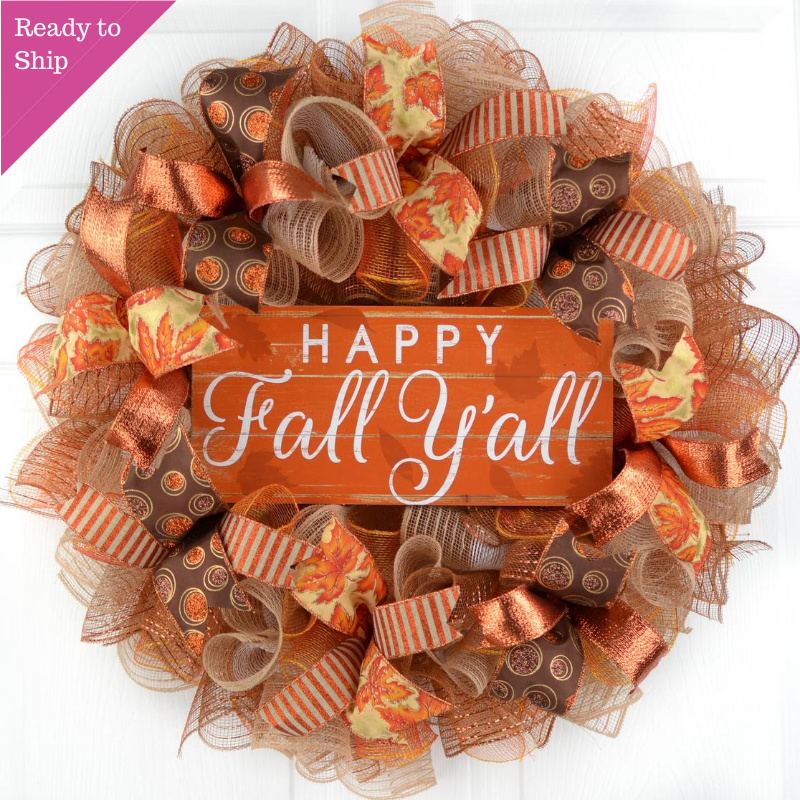 Happy Fall Y'all Wreath | Thanksgiving Deco Mesh Front Door Wreath - Pink Door Wreaths