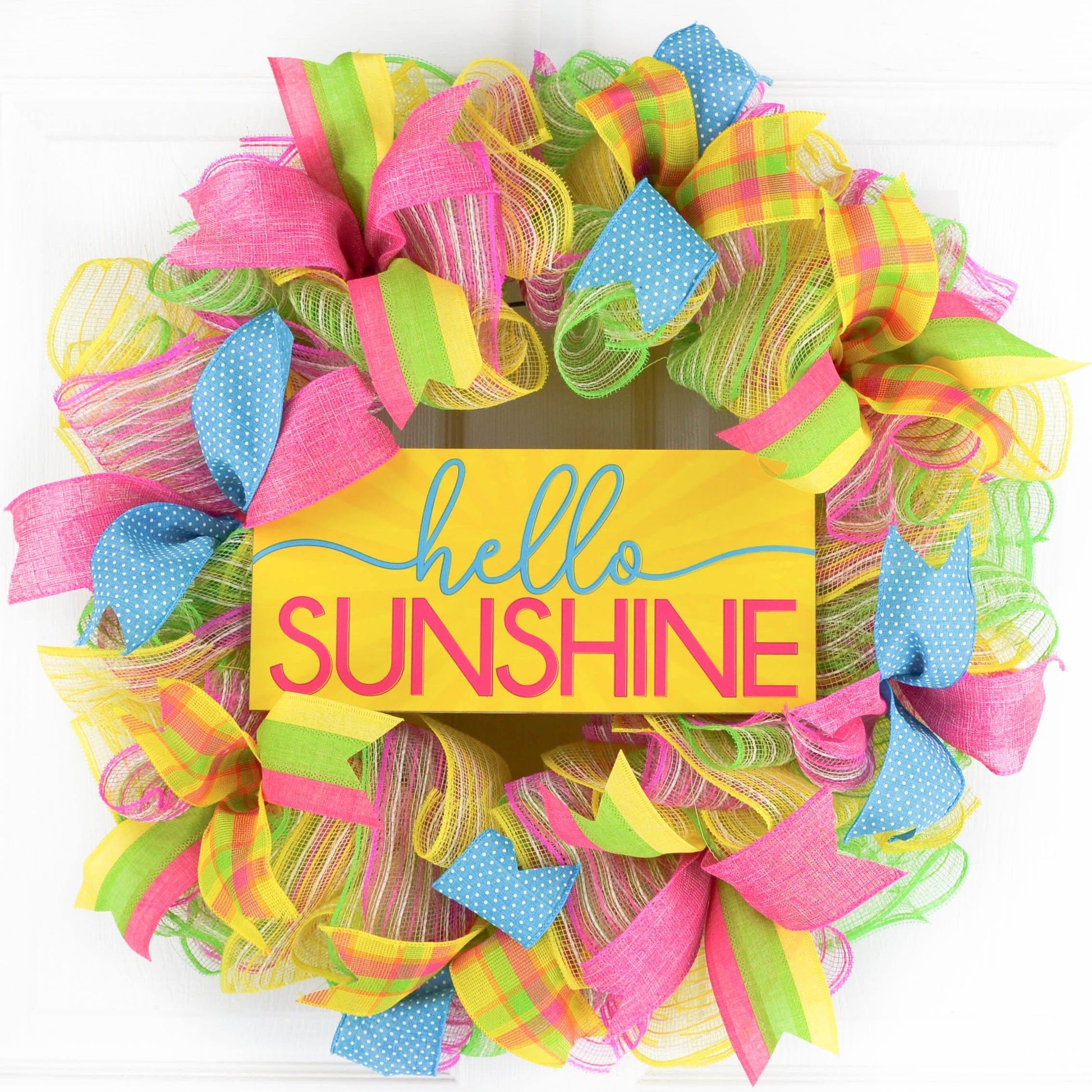 Hello Sunshine Summer Spring Welcome Door Wreath - Mother's Day Gift - Pink Turquoise Yellow - Pink Door Wreaths