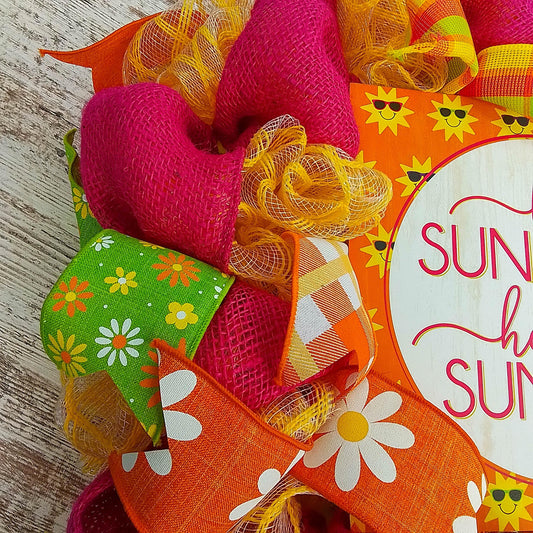 Hello Sunshine Summer Wreath - Beach Mesh Door Wreath - Pink Door Wreaths