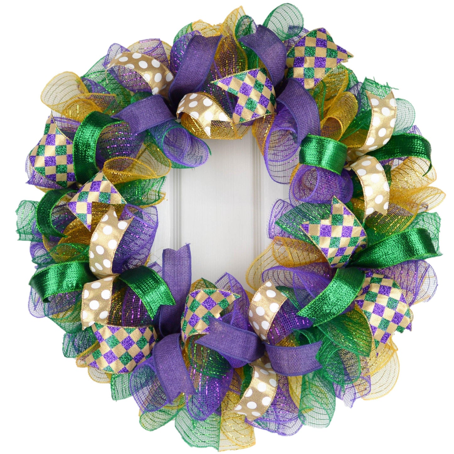 Mardi Gras Fat Tuesday Mesh Door Wreath | Purple Emerald Green Gold - Pink Door Wreaths