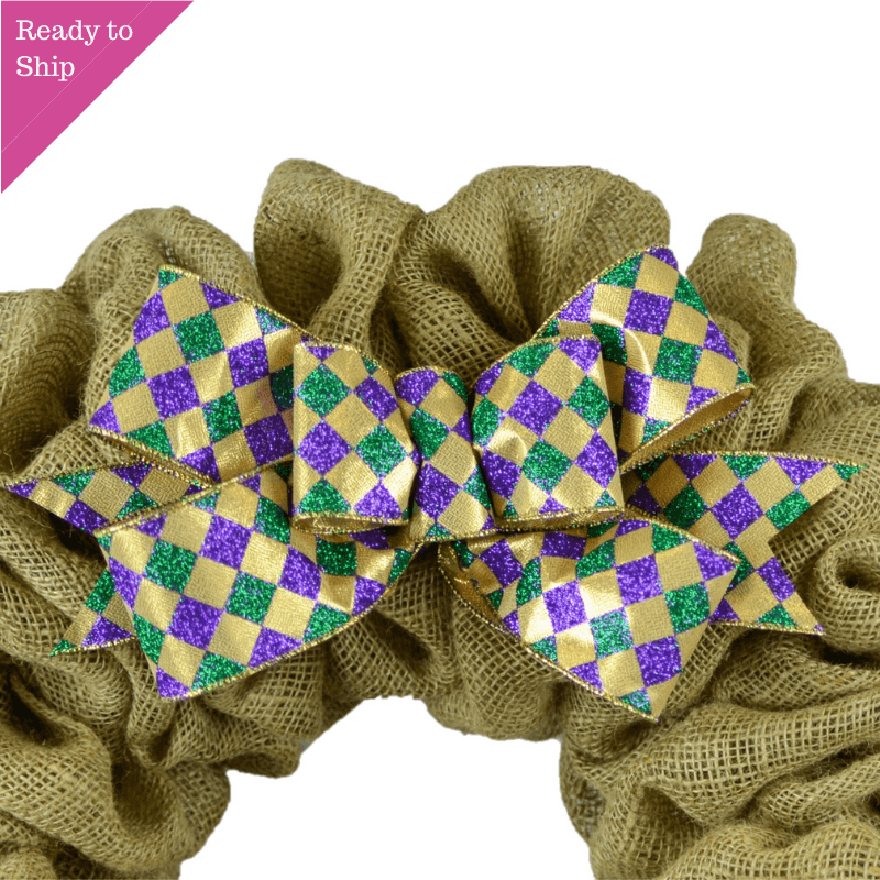 Mardi Gras Striped Wreath Bow - Clover Wreath Embellishment for Making Your Own - Farmhouse Already Made Green Purple Gold - Pink Door Wreaths