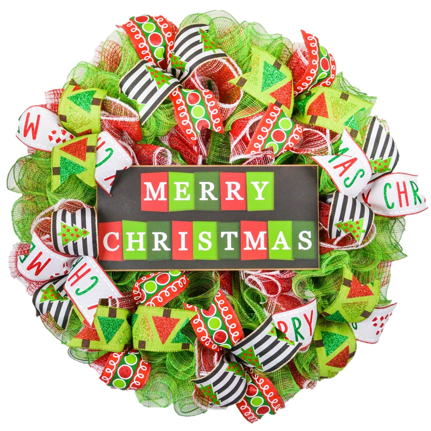 Merry Christmas Wreath - Bright Holiday Decoration Front Door Wreaths - Red Green White Sparkle - Pink Door Wreaths