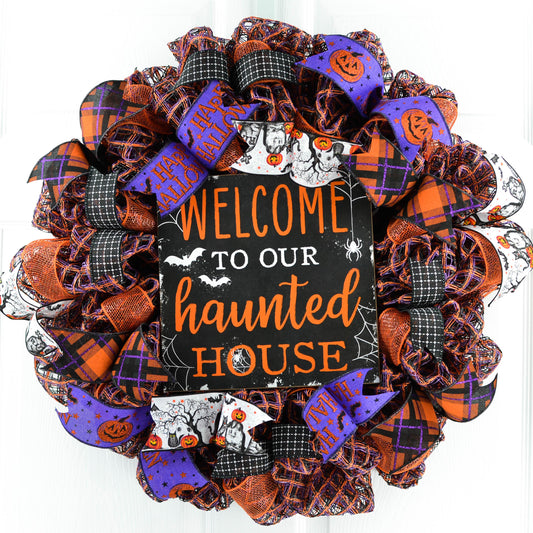 Orange Welcome to our Haunted House Welcome Mesh Decor - Pink Door Wreaths