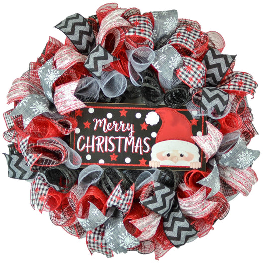 Peeking Santa Claus Wreath - Christmas Mesh Outdoor Front Door Wreath - Pink Door Wreaths