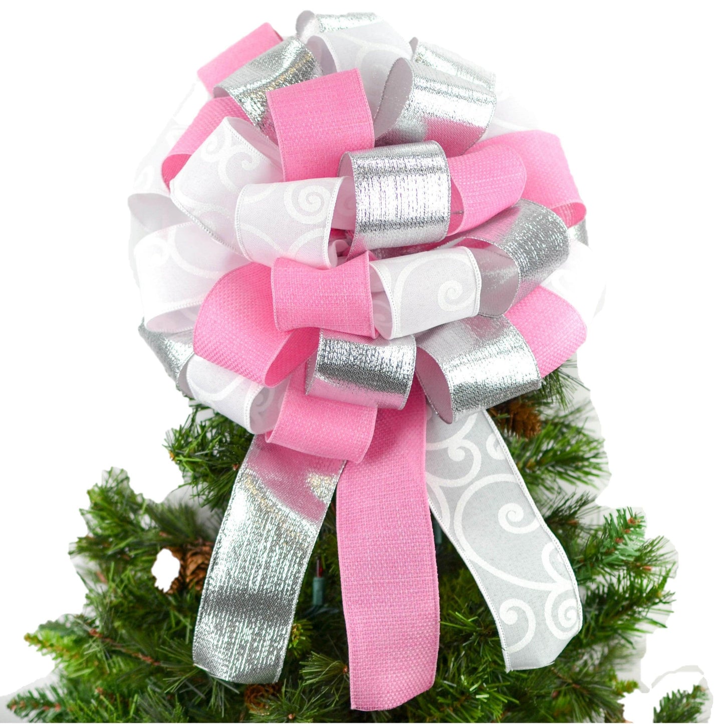 Pink Christmas Decorations, Xmas Bow Tree Topper - Pink Door Wreaths