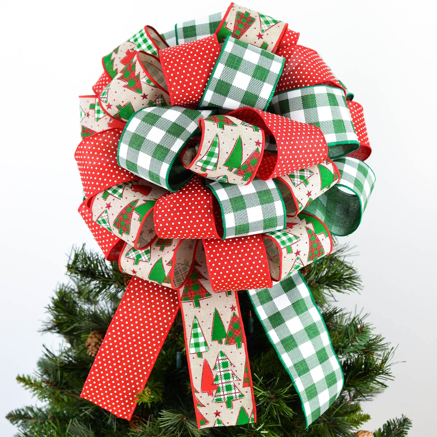 Red Emerald White Buffalo Check Christmas Tree Bow - Present Bow - Pink Door Wreaths