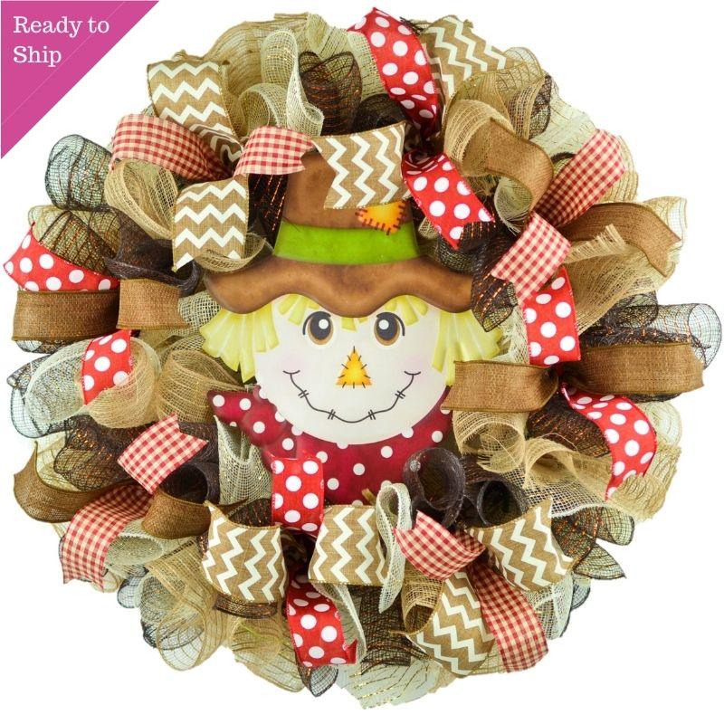 Red Scarecrow Mesh Front Door Wreath - Thanksgiving Fall Wreath - Pink Door Wreaths