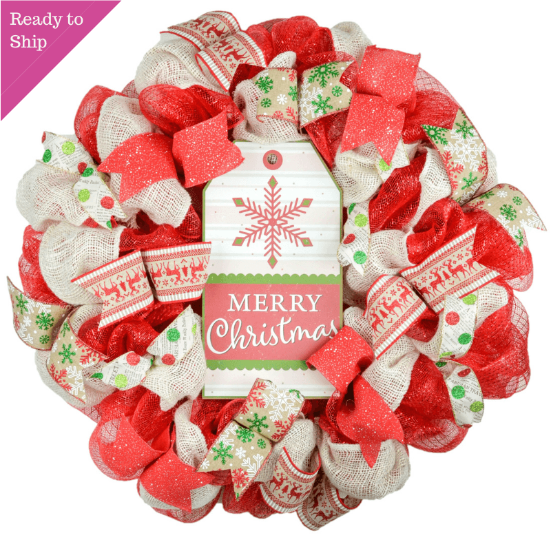 Snowflake Merry Christmas Front Door Wreath - Rustic Jute Door Decoration - Red Green Burlap Beige Ivory - Pink Door Wreaths