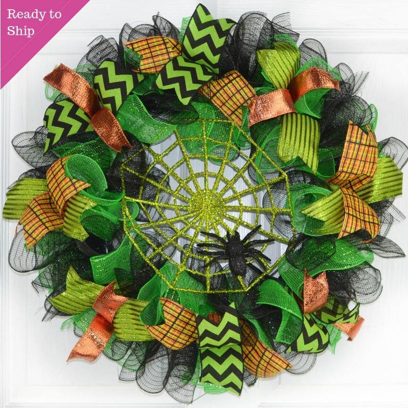 Spider Web Halloween Door Wreath | Lime Green Black Mesh Wreath - Pink Door Wreaths