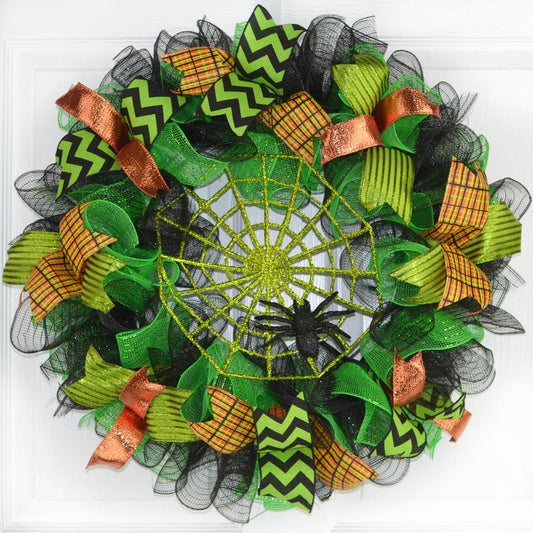 Spider Web Halloween Door Wreath | Lime Green Black Mesh Wreath - Pink Door Wreaths