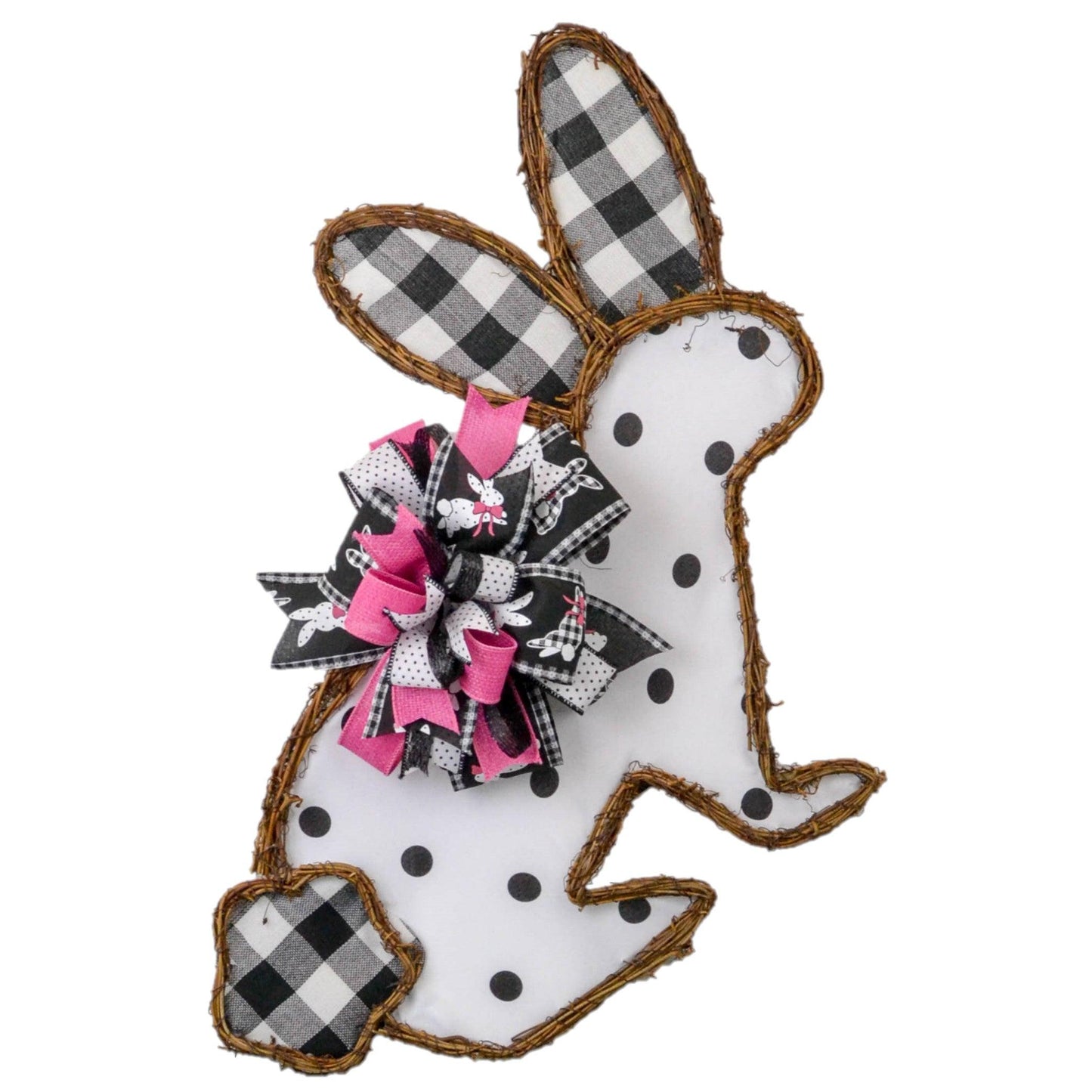 Spring Easter Bunny Grapevine Wreath - Plaid Door Hanger Oversized Bow Polka Dot Door Decor; Pink Black White - Pink Door Wreaths